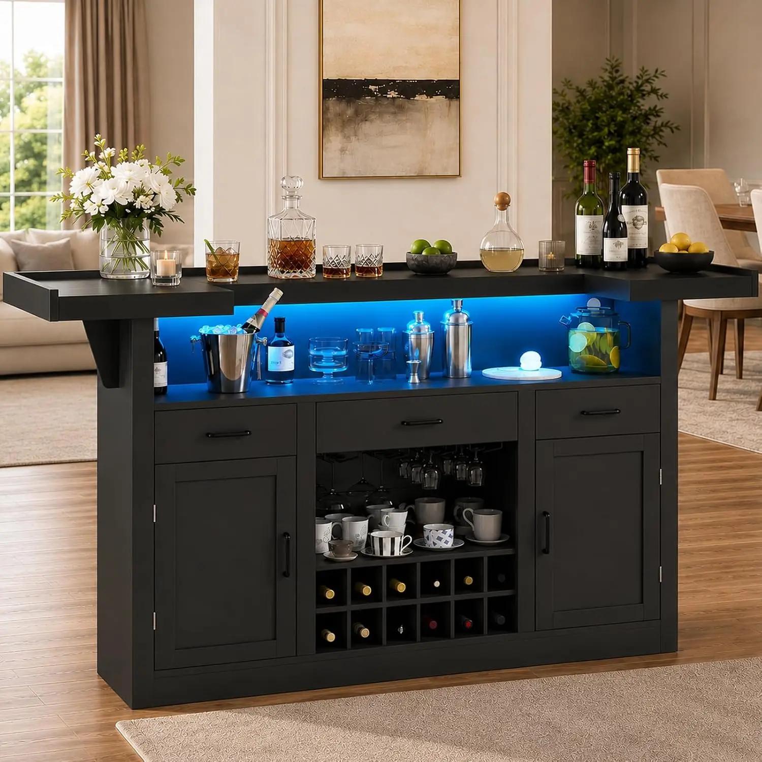 Wine Bars with 3 Drawers, Cabinets, Wine Glass Holder and Wine Racks, for Dining Room, Living Room, Basement