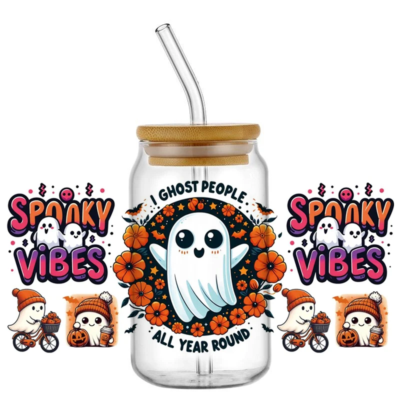 3D Cute Ghost Decal Waterproof UV DTF Cup Wrap for 16oz Libbey Glasses Can DIY Cartoon Halloween  Mug Washable Transfer Sticker