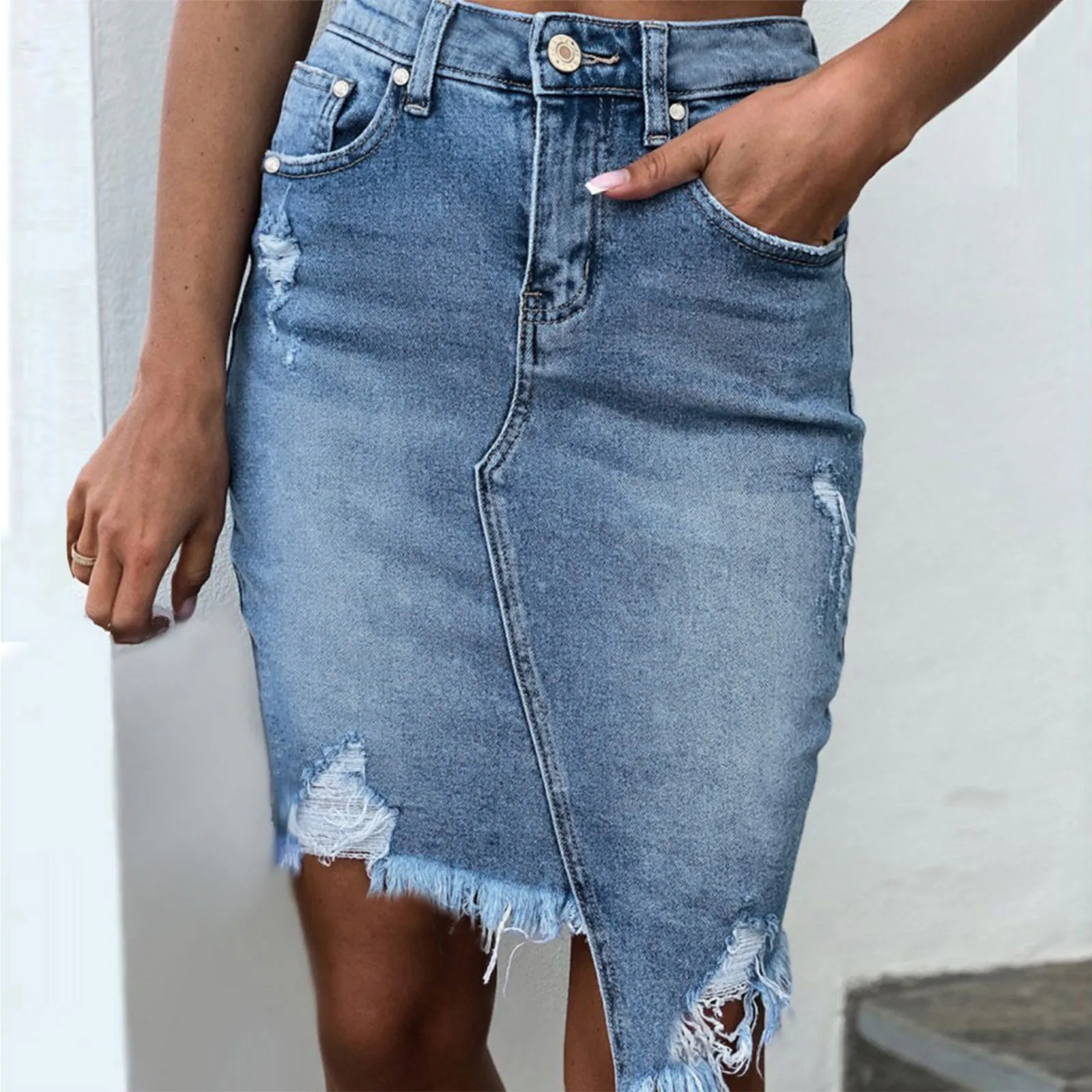 Women Classic Irregular Denim Skirt American Retro Frayed Ripped Cut Out Tassels Streetwear Jeans Skirt Distressed Mini Skirt