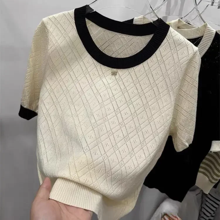 

Ice Silk Knitted Sweater New Round Neck Contrasting Color Hollow Summer Fashion Loose Slim Versatile Short-sleeved Top for Women