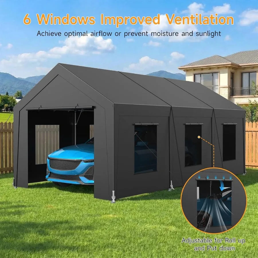 Carport Heavy Duty, Car Port with Reinforced Steel Frame and 6 Roll-up Windows, Portable Garage with Sturdy Ground Nails, Water