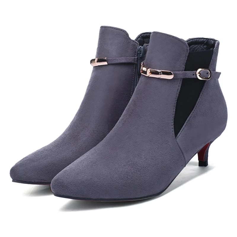 

Grey Women's Ankle Boots Autumn Spring Short Boot Shoes Black Red Flock Medium Heels Party Footwear Shoes Large Size 47