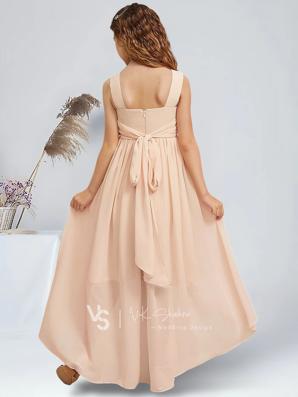 Elegant A-Line V-Neck Asymmetrical Chiffon Junior Bridesmaid Dresses with Flower Detail Pearl Pink Lovely Flower Girl Dresses