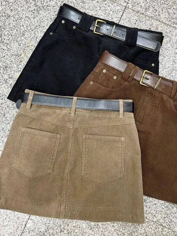 Khaki Corduroy High Waist Women's  Skirt Anti-Light Sexy Versatile Short Skirt for Autumn Winter Commute Casual Wear