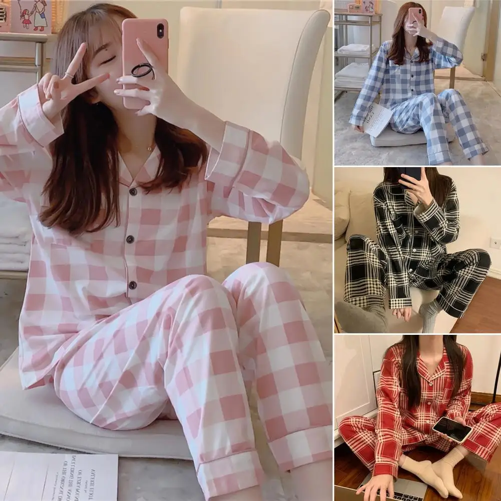 2 Pcs/Set Women Spring Summer Pajama Set Lapel Long Sleeve Loose Single-breasted Wide Leg Homewear Shirt Pants Set Sleepwear