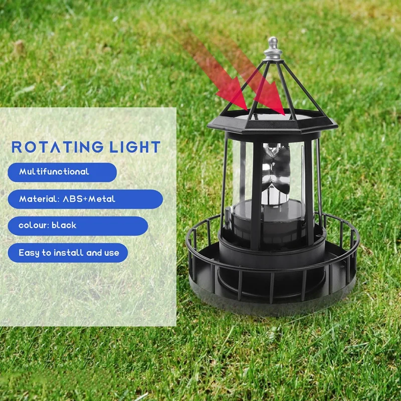 LED Solar Powered Lighthouse, 360 Degree Rotating Lamp Courtyard Decoration Waterproof Garden Towers Statue Lights