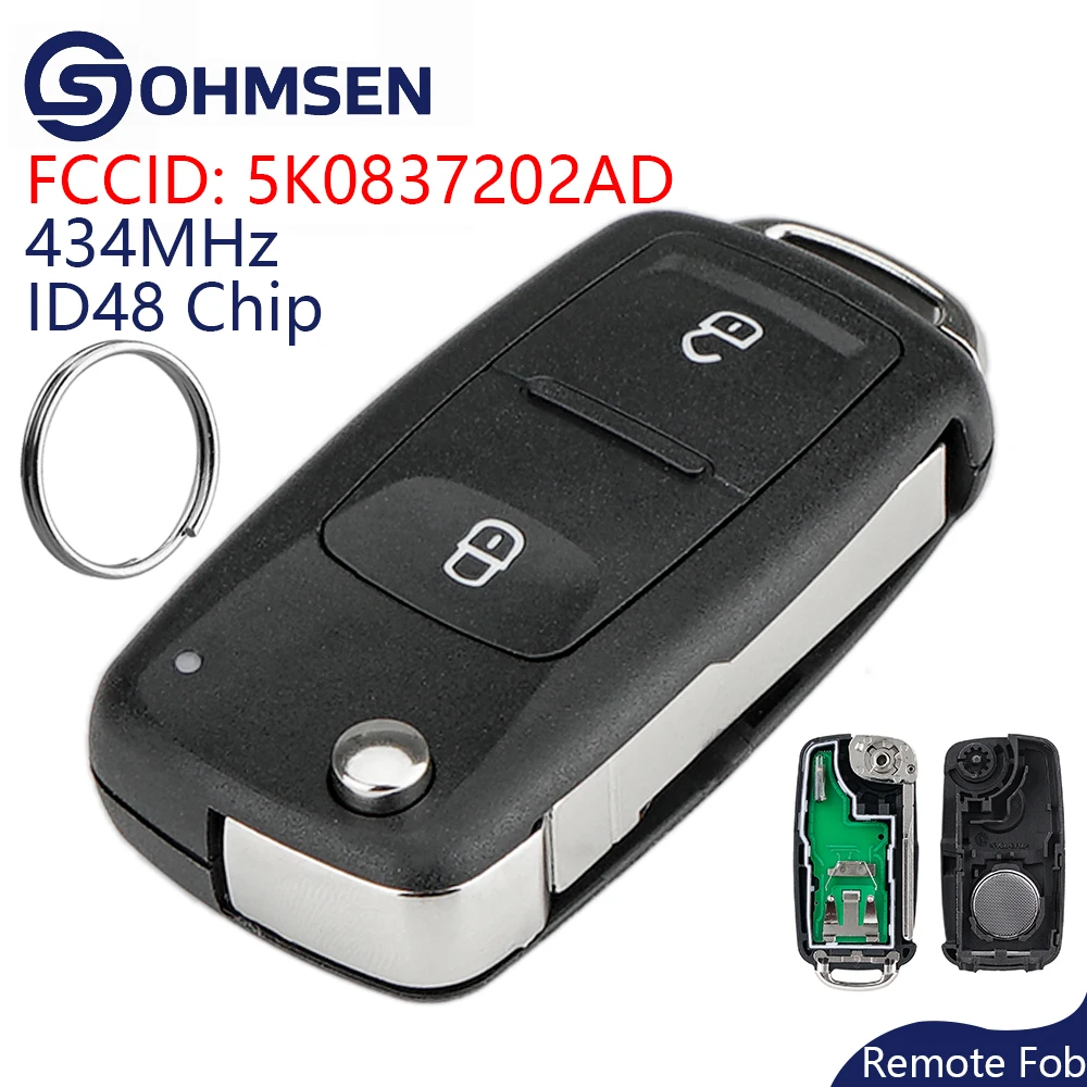 Image of OHMSEN 2-Tasten-Flip-Autoschlüssel-Fernbedienung für VW Volkswagen 433 MHz FCCID: 5K0837202AD ID48 Chip Amarok Transporter T5 T6 2011–2016