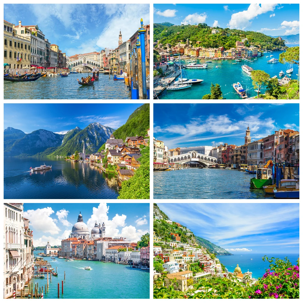 

Venice Water City Town Photography Backdrops Buildings Boat Holiday Family Portrait Photo Backgrounds for Photo Studio Props
