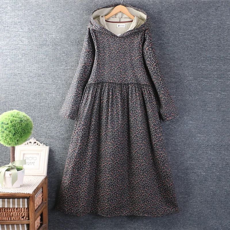 Vestido Floral Vintage con capucha para mujer, manga larga, bolsillos informales, vestido Midi suelto, Z2391, Otoño, nuevo