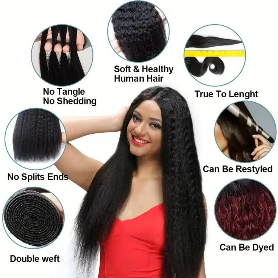 Kinky Straight 4 Bundles Indian Human Hair Extension Human Hair Weave Bundles 10-30 Inches Virgin Hair Yaki Human Hair Bundles