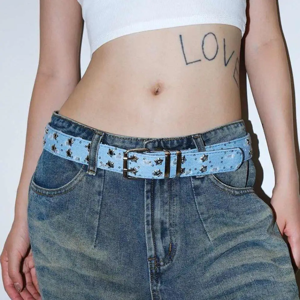 

Y2k в стиле панк со звездами и ушками, джинсовые тканевые ремни для женщин, модный роскошный двубортный пояс с люверсами, ретро-готический пояс