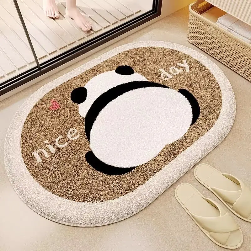 VIKAMA Cute Back View Panda Bath Mat Nice Day Letter Pattern Non Slip Oval Bathroom Floor Mat Home Decor