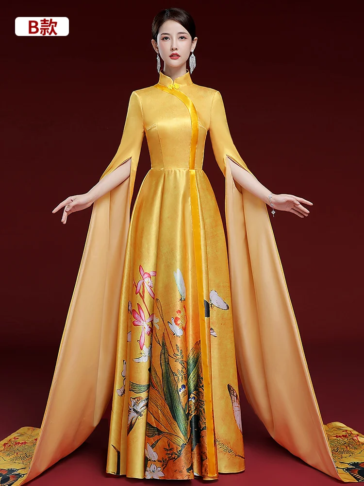 Chinese Runway Qipao Performance Traje, High-End e Atmosférica Guzheng Arte, Performance Vocal, Han Fu