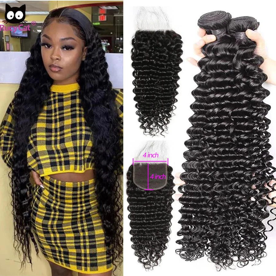 RucyCat Deep Wave Bundles With Closure 6x6 Lace Closure And Bundles 28 30 Inch Deep Wave Bundles Brazilian Human Hair Bundles