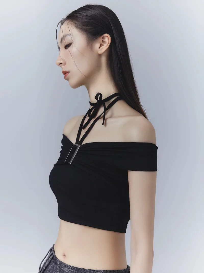 Pure Desire – T-shirt à épaules dénudées pour femmes, doux et mignon, Base en tricot, Design Sense, mode, Slim, épaules dénudées, haut court