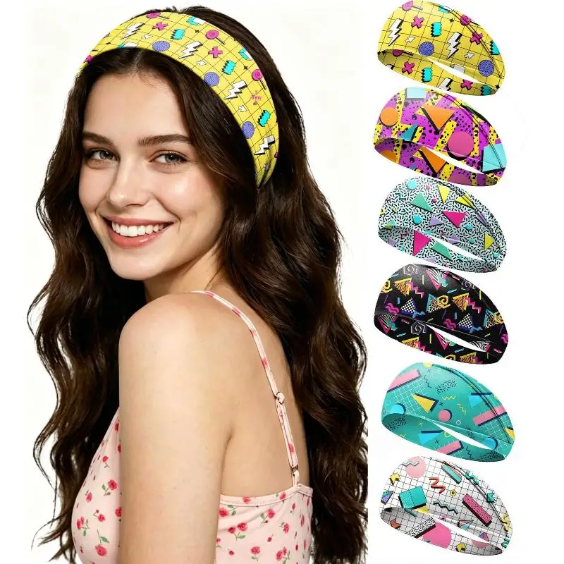 Stirnband mit geometrischem Druck, breites, rutschfestes, elastisches Haarband im Retro-Stil für Damen – Detail 1