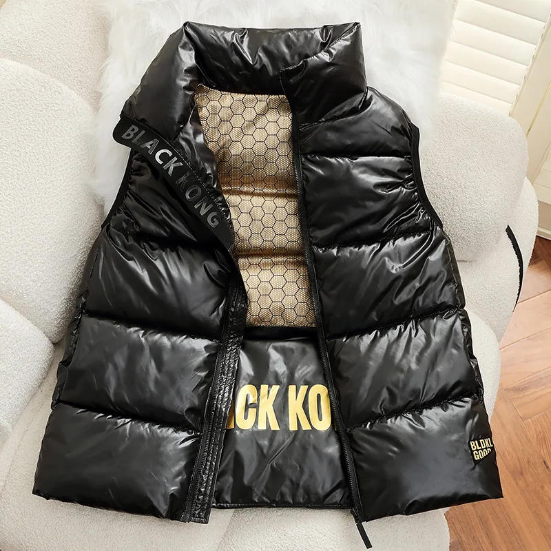 Couple Style Black Gold Cotton Vest, 24 Year New Korean Version, Loose and Shiny Pure Black Camisole, No Wash Trendy Jacket