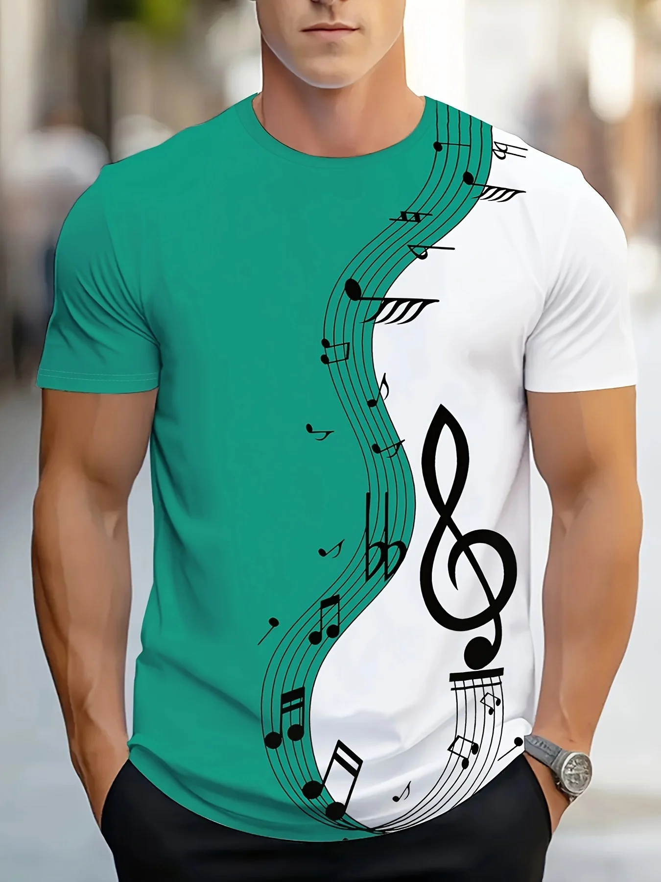 Men Music Note Treble Clef Print T‑Shirt Crew Neck Short Sleeve Casual Daily Streetwear Tops