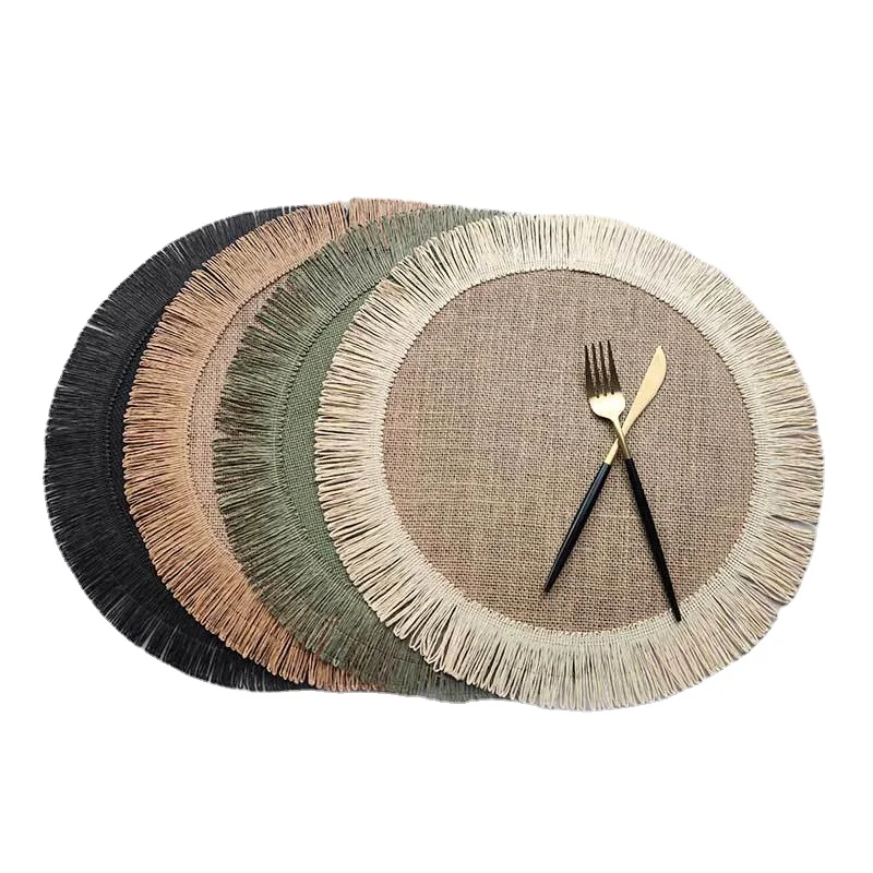 

6/4pcs Round Jute Placemat Linen Ins Wind Simple Fringe Table Decoration Environmental Protection Heat Insulation Non-slip Mat