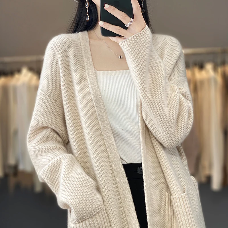 Autumn And Winter 100% Wool Long Cardigan Women\'s V-Neck Color Matching Thick Coat Sweet Strawberry Cashmere Knit Top Sweater