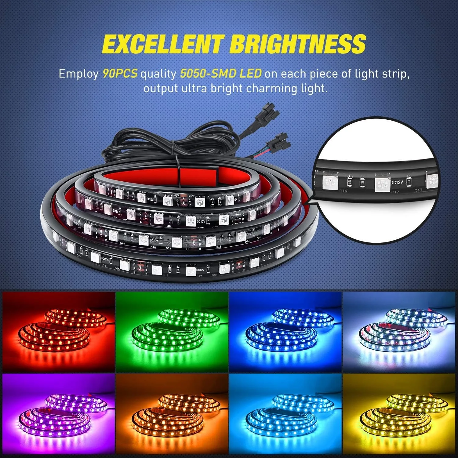 Nilight 2PCS 60Inch RGB Truck Bed Light Strip Kit RF Remote Control with On Off Switch Blade Fuse 2Way Splitter Extension Cable