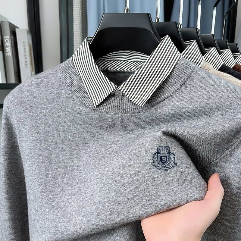 Herbst Herren Einfarbiger O-Ausschnitt Strickpullover mit Stickerei, Zweiteiliges Design, Warme Langarm-Oberteile, Arbeitskleidung für Männer – Detail 13
