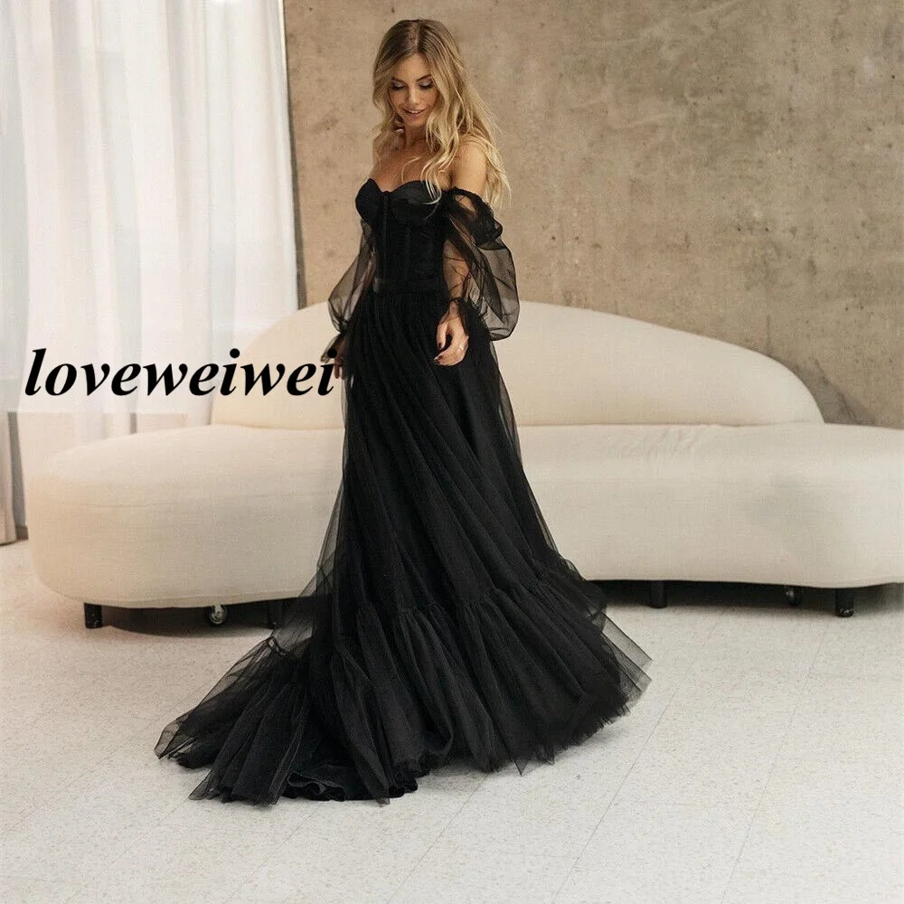 Black Tulle Coreset Wedding Dresses A Line Bridal Gown Dress Off Shoulder Wedding Dress Witchy Bridal Dress Gothic Wedding Gown