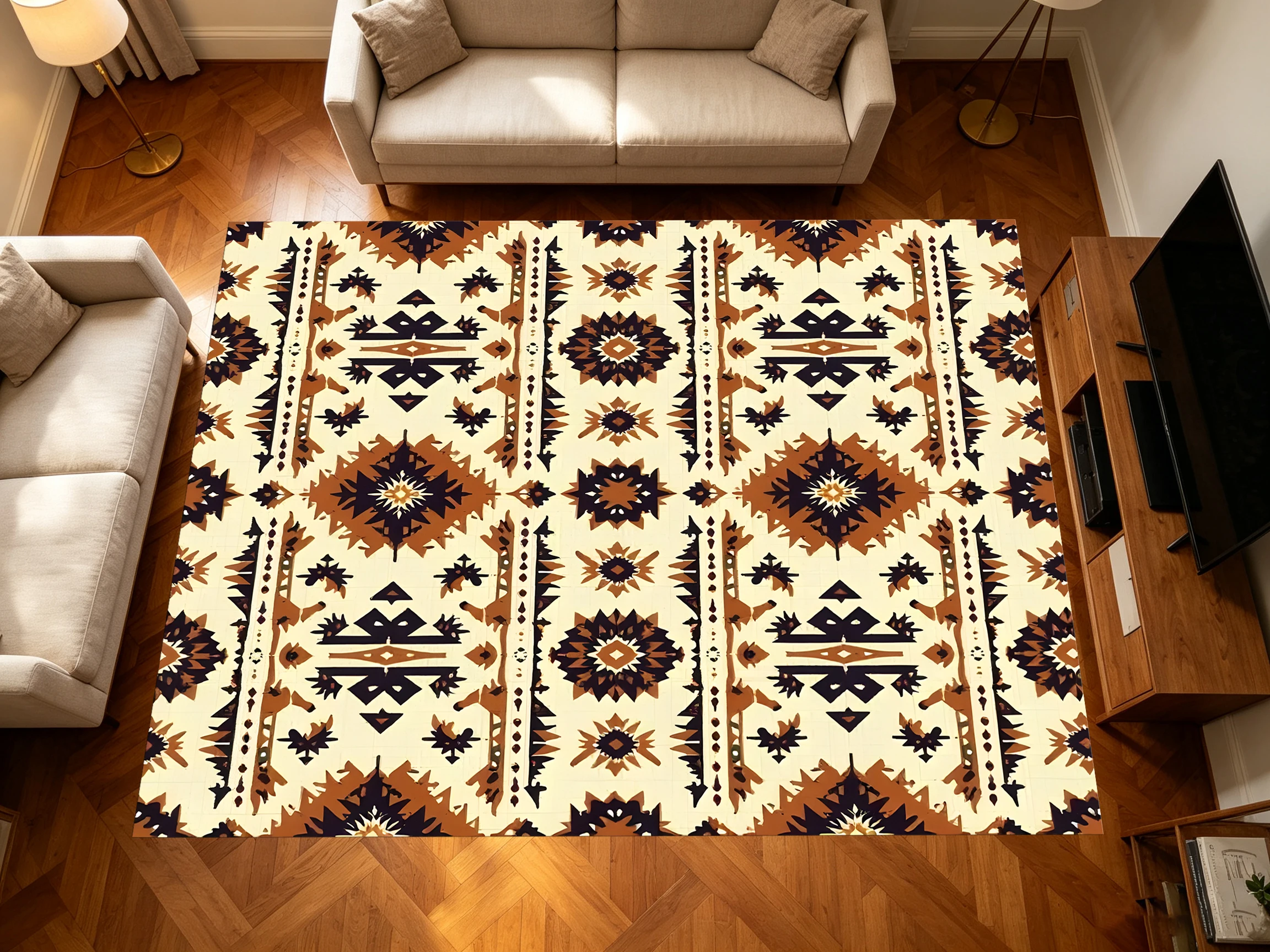 2D Carpet with Retro Ethnic Geometric Totem Pattern in Bohemian Style for Living Room and Bedroom