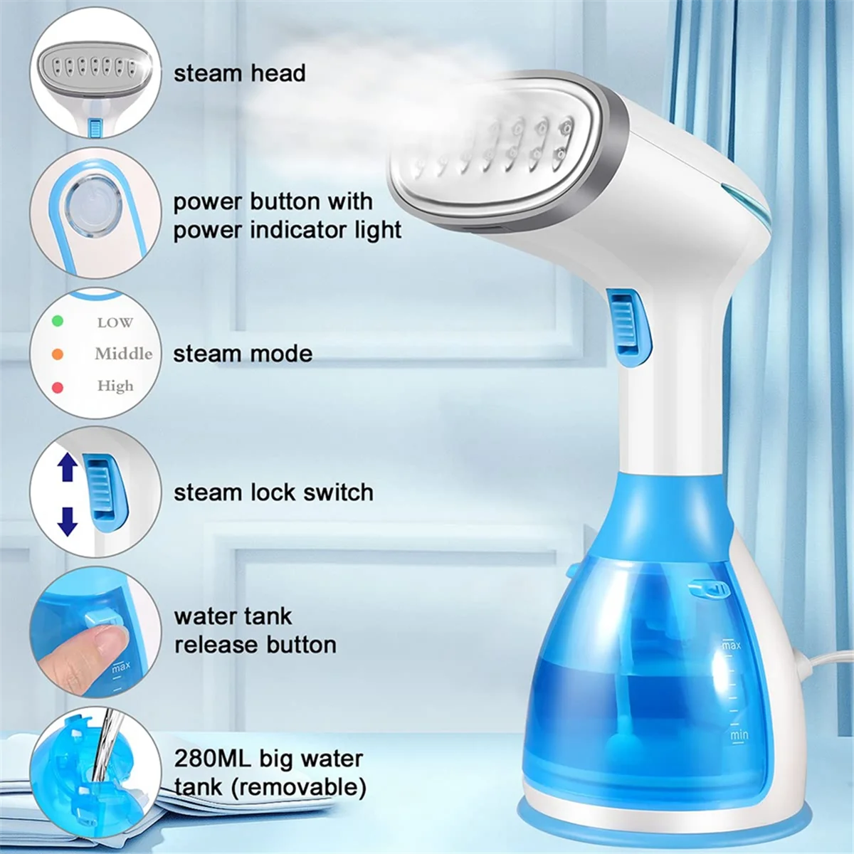 Steamer for Clothes 1500W Handheld Garment Steamer, Portable Travel Clothing Fabric Steamer with 280Ml Tank EU Plug