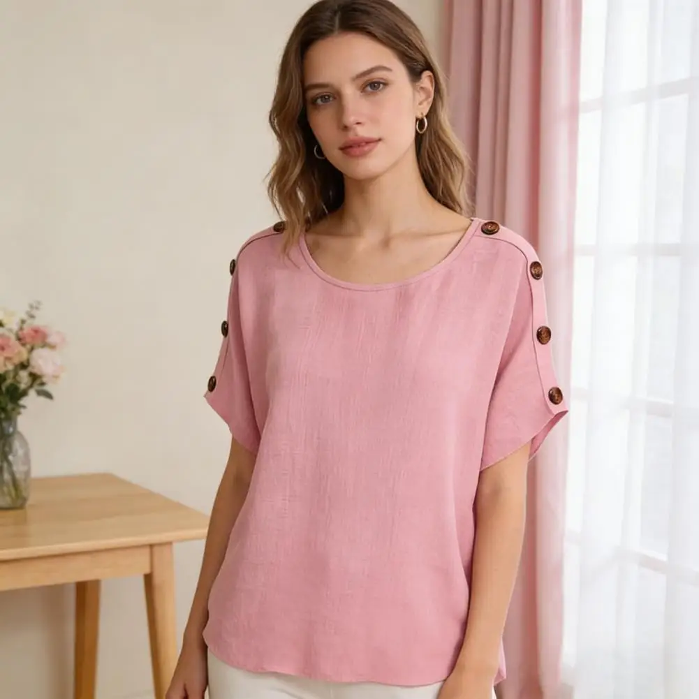 

Women Tops Round Neck Batwing Short Sleeve Buttons Decor Tee Shirt Loose Fit Pure Color Summer Oversized Casual Women Blouse