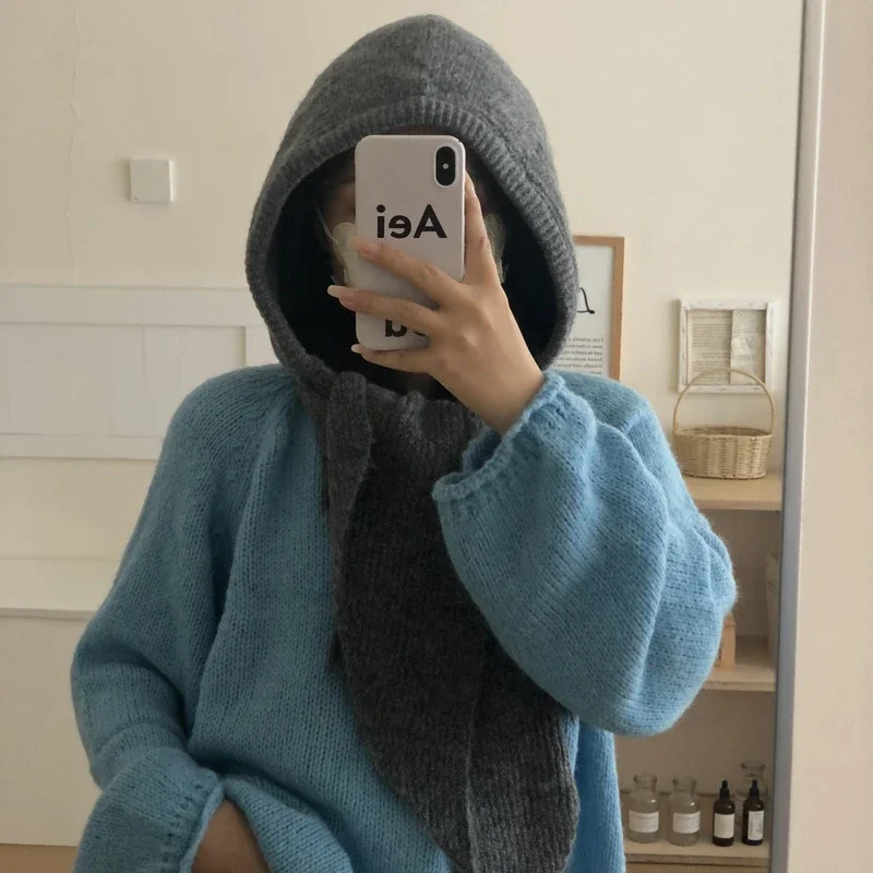 Winterwarme Woll-Strickmütze mit Falschem Schalkragen, Kapuzenpullover und Einteiligem Nackenwärmer für den Außeneinsatz bei Kälte – Detail 9