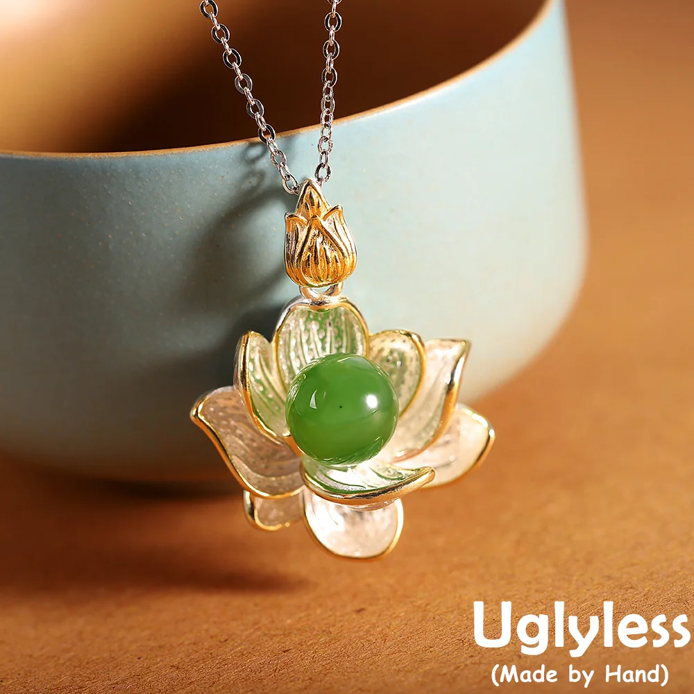 Uglyless Vivid Blooming Lotus Pendants Necklaces NO Chains Natural Jasper Green Jade Necklaces 925 Sterling Silver Flower Bijoux