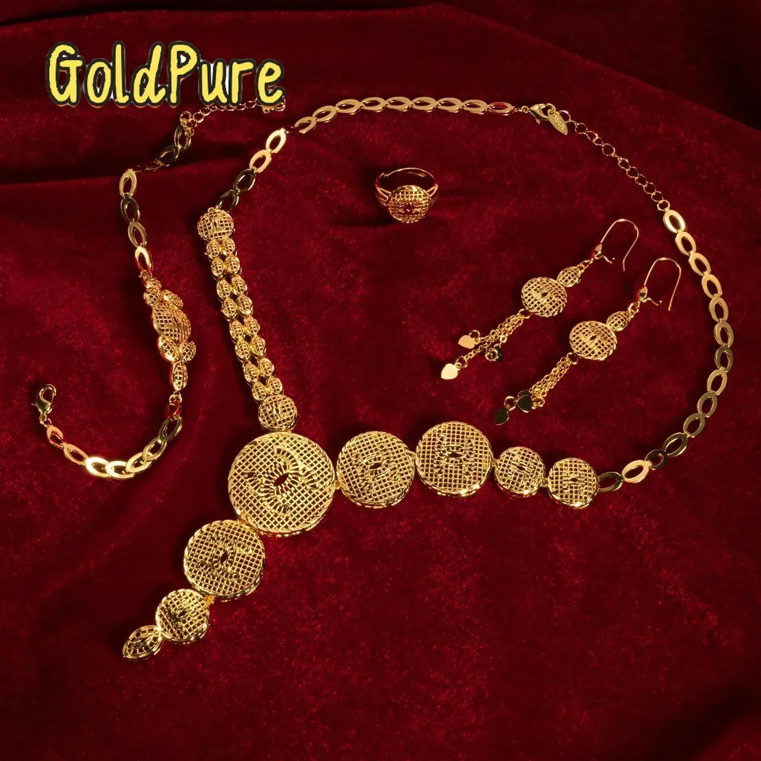 Goldpure Dubai Africa 9999 24K Real Gold Women's Jewelry Set Middle Eastern Bridal Necklace Earring Ring Bracelet Four-Piece Set
