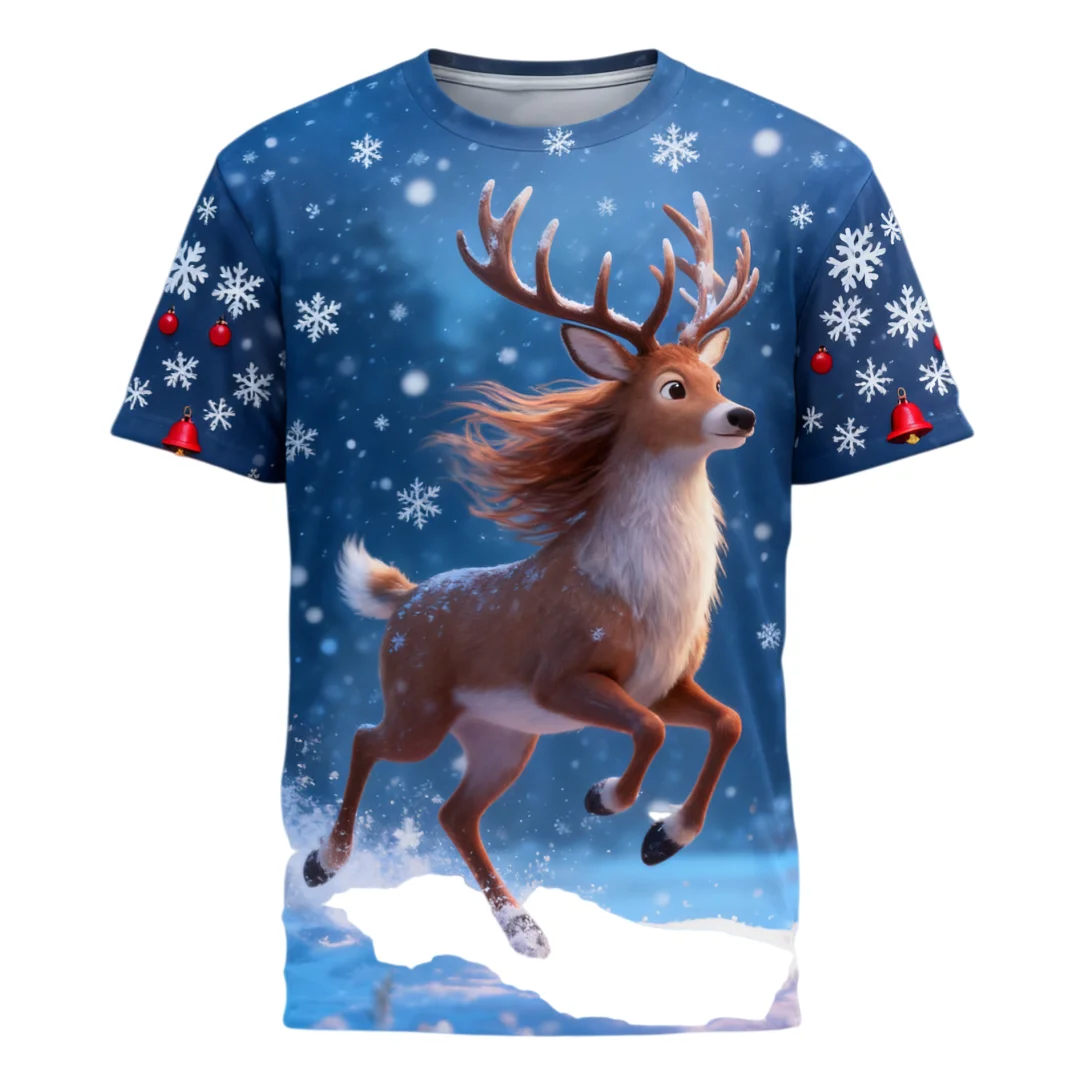 Funny Cute Elk Pattern Print Men's T-shirt Trend Christmas Style Short Sleeve Tee Oversize Daily Casual Men's Clothing Xmas Tops