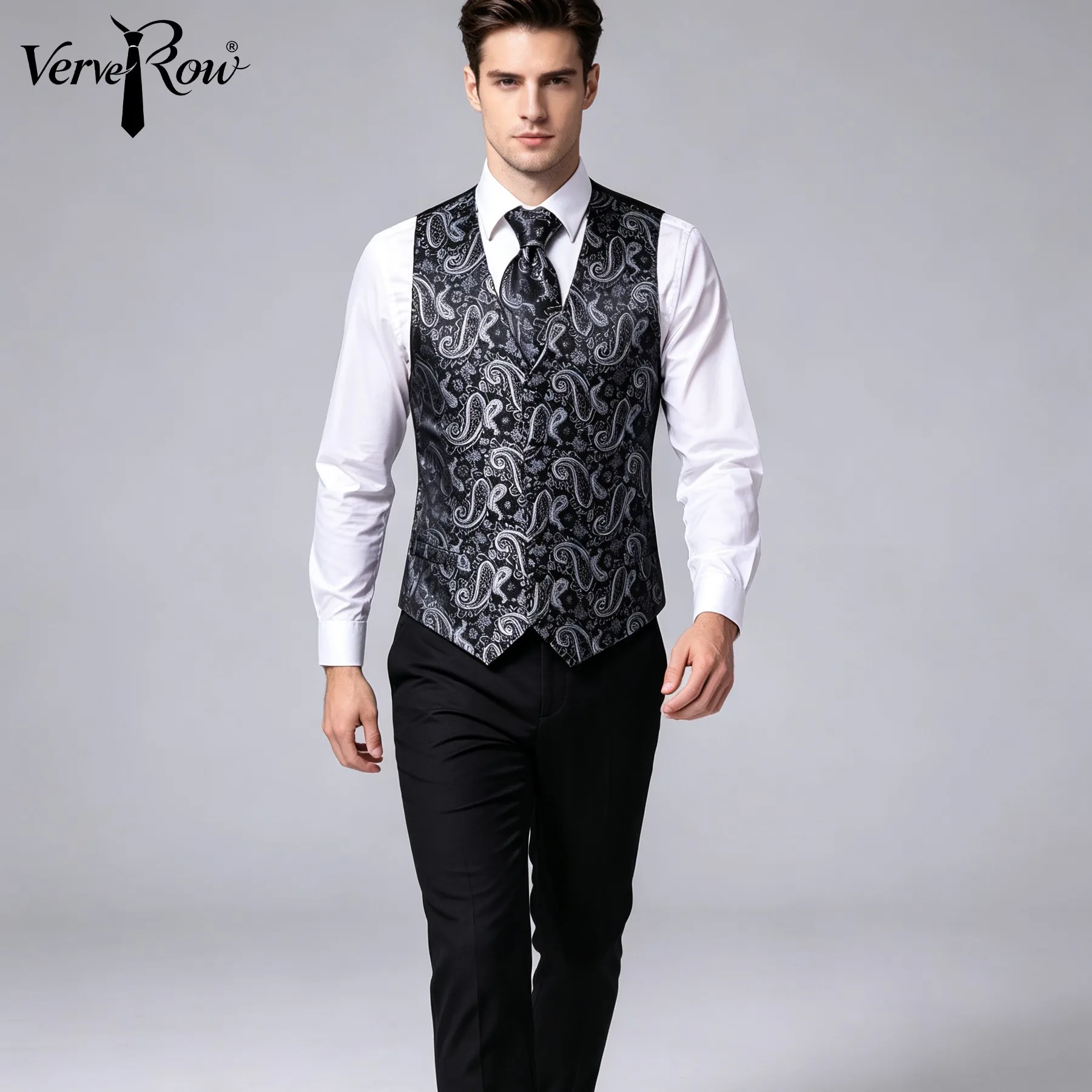 VerveRow Multi‑Color Vintage Jacquard Men Wedding Waistcoat Set,Groom Party V‑Neck Vest With Tie Bow Handkerchief Cufflinks