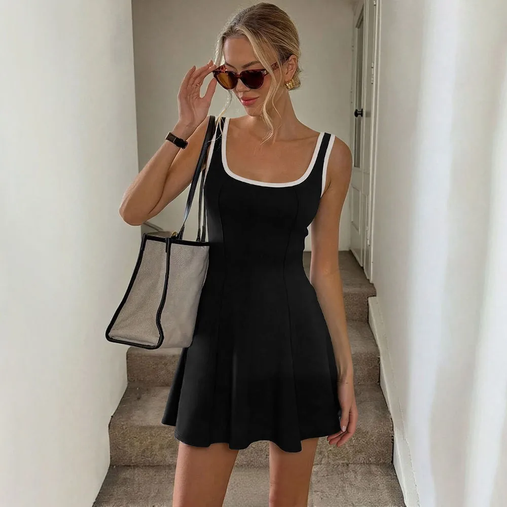 Summer New Dresses 2026 Woman Sleeveless Contrast Slim Short Evening Dress Bodycon Backless Vestidos Temperament Simple Style