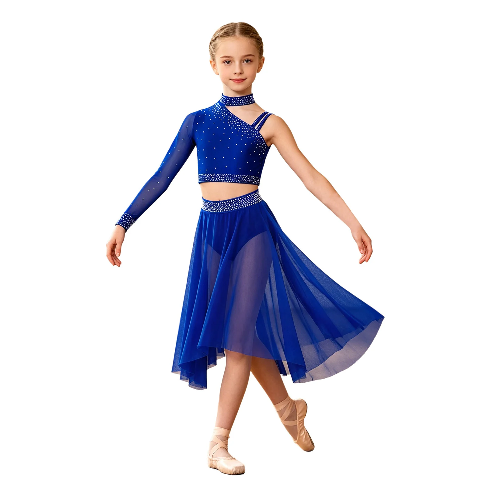 Kids Girls Lyrical Dance Outfit Sparkly Rhinestones One Shoulder Crop Top with Mesh Skirt Ballet Modern Contemporary Dancewear
