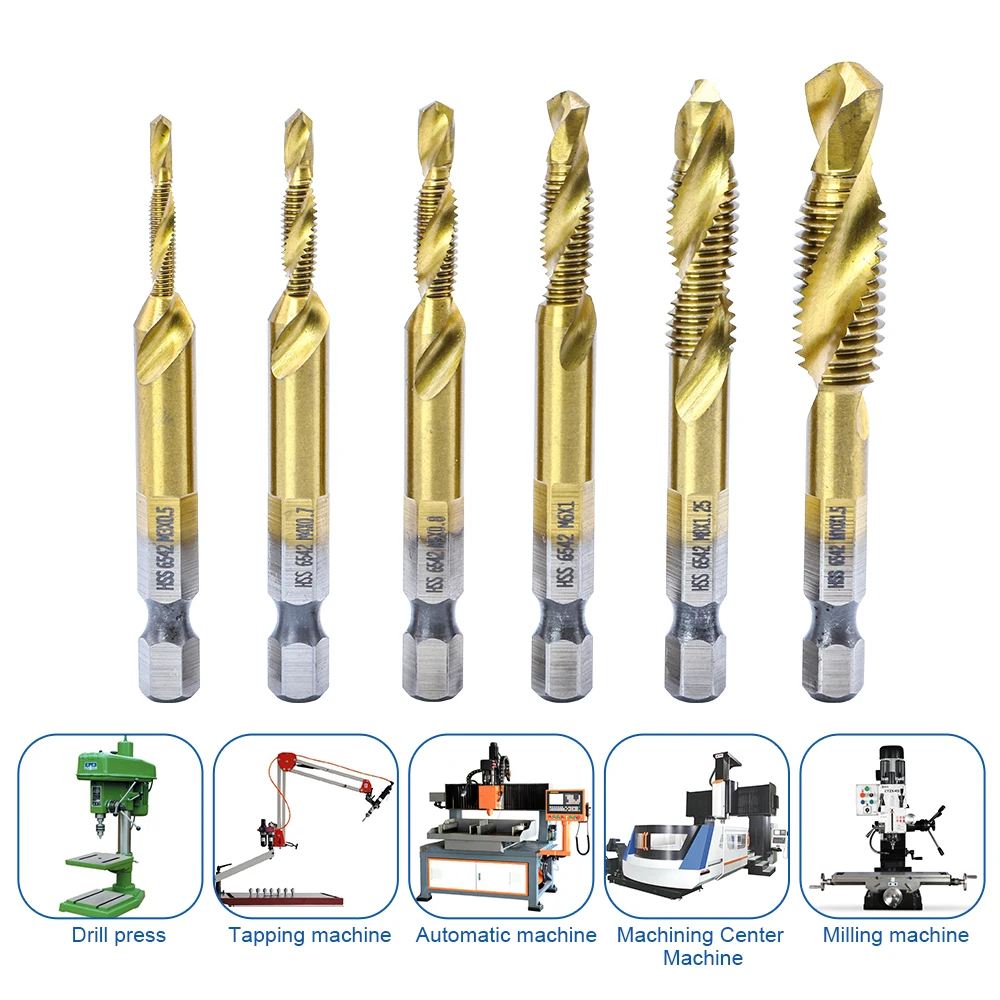 NINDEJIN 6pcs/set metric thread tap drill bits set m3 m4 m5 m6 m8 m10 hex shank hss 6542 screw tap drill bits set for metal wood