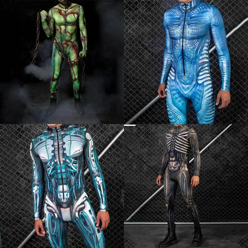 Men Women CyberPunks Mechanical Armors Jumpsuit Halloween Party Cosplay Skull Steampunk Costume Cool Colored Drawing Clothing