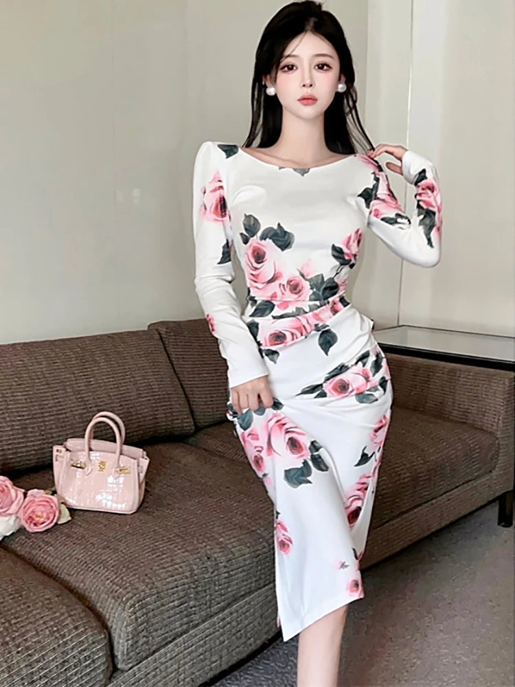 

2025 белое плиссированное облегающее платье с цветочным принтом и длинным рукавом, женское корейское винтажное роскошное платье, осень-зима, элегантные вечерние платья