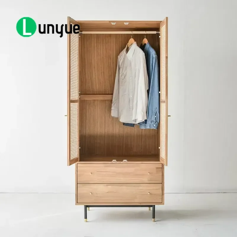 Modern Rattan Wardrobe with 2 Drawers Natural Wicker Storage Cabinet Bedroom Furniture Locker for Clothes Organization