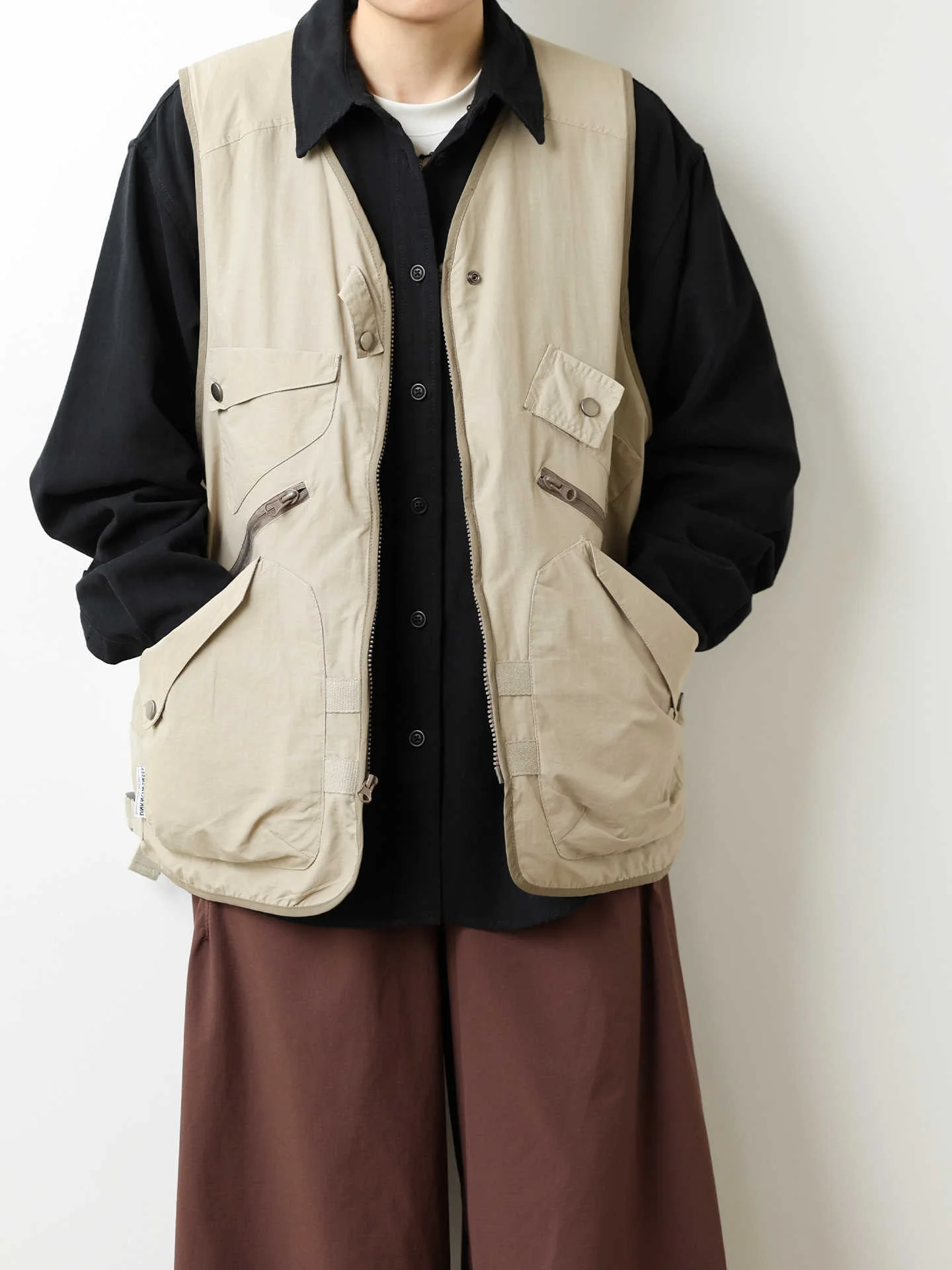

Retro Japanese Style Loose Workwear Vest Unisex Couples Multi-Pocket Vest Top Trendy Outerwear Casual V-Neck Zipper Pure Color