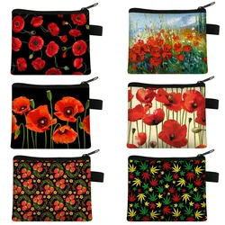 Moda vermelho papoula flor impressão moeda bolsa feminina harajuku carteira pequena embreagem id cartão de crédito titular do dinheiro sacos hip hop moeda saco