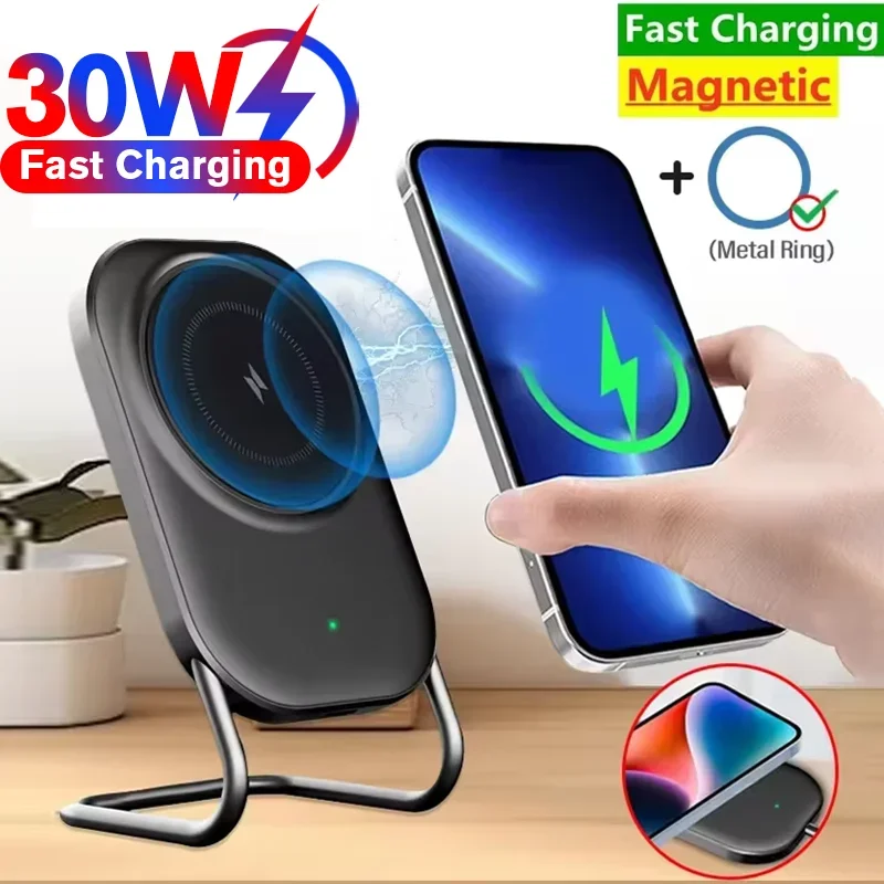 Magnetic Wireless Charger Stand Pad 30W Induction Fast Charging Station Holder for iPhone 16 15 14 Samsung S24 S23 Note Xiaomi