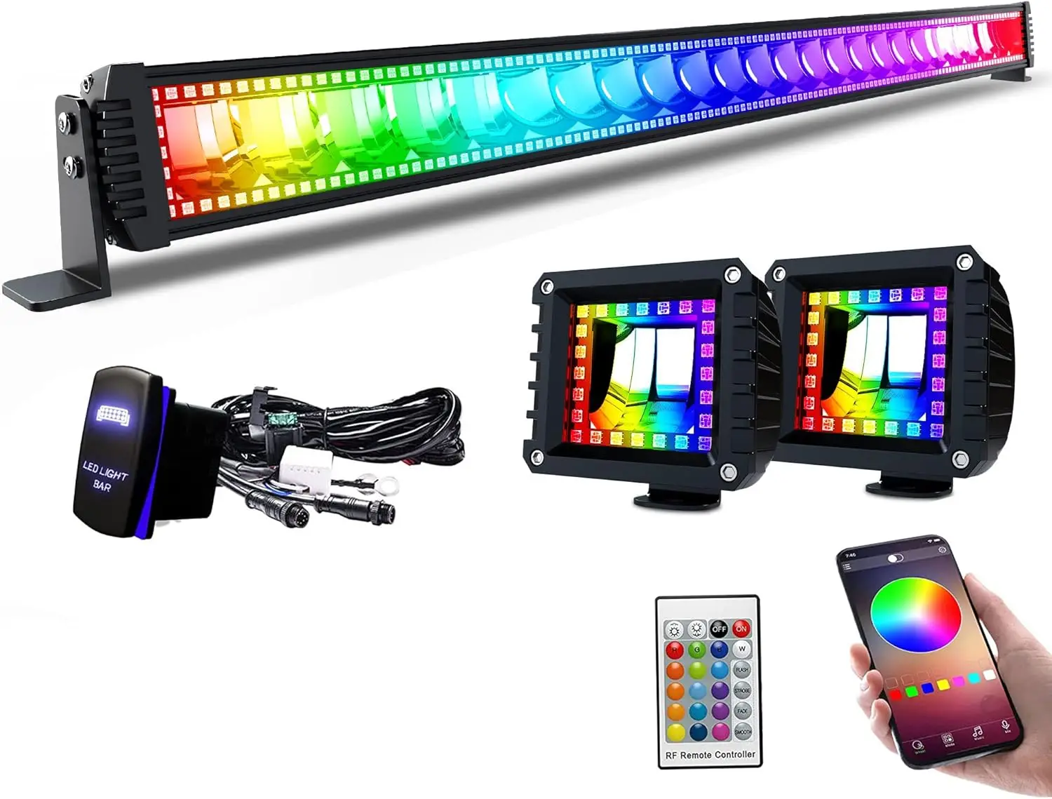 

LED Light Bar 50 inch 288W Flood Spot Combo Beam 2PCS 4 Inch 18W Flood RGB LED Pods with 16 Solid Colors Chasing