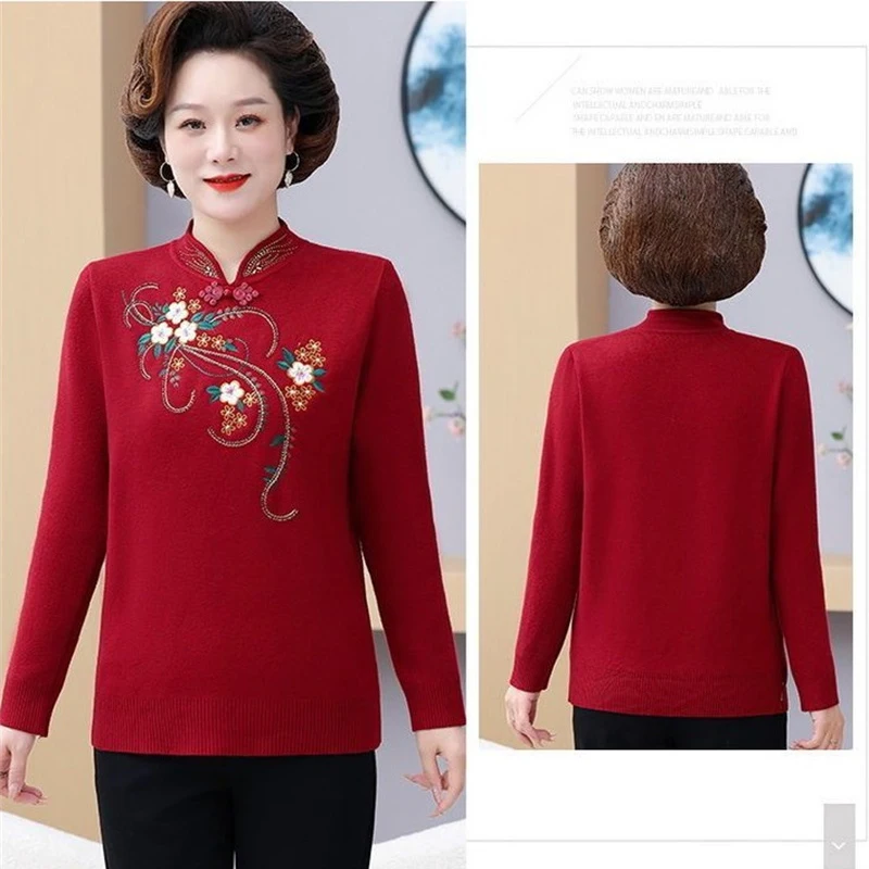 2025Autumn Winter High End Elegant Women Knitted Sweater Thicken Warm Velvet Pullover Large Size Middle Aged Mother Knitwear Top