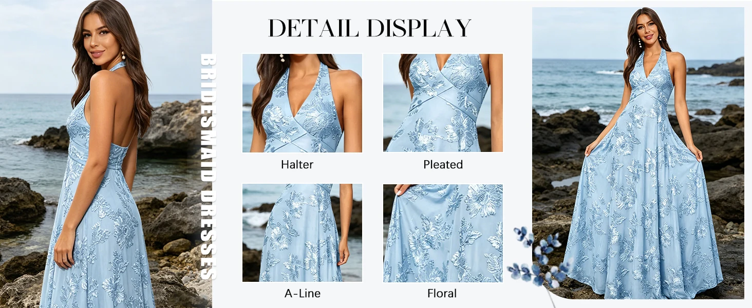 Halter Floral Bridesmaid Dresses 2026 Long A-Line Open Back V Neck Formal Evening Dress