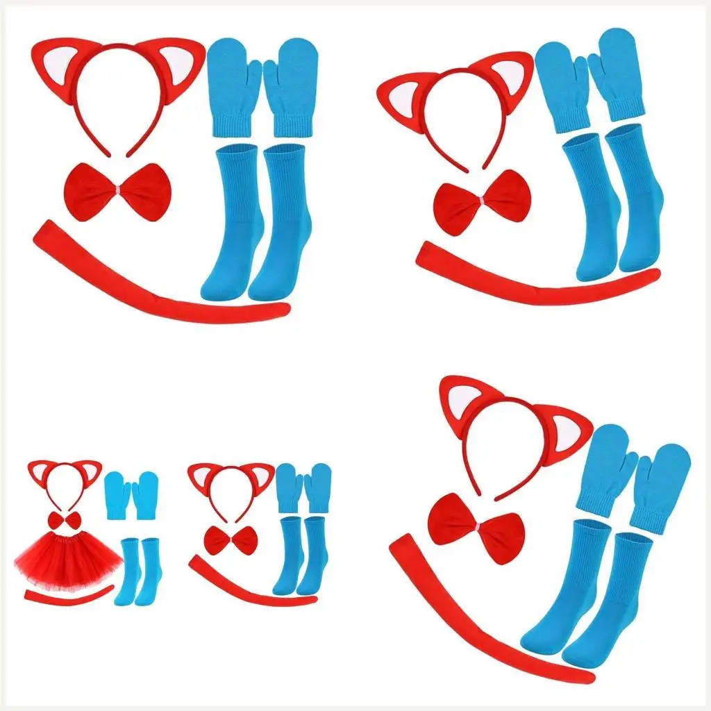 

Children Cats Cosplay Accessory Cats Tail Cats Ear Headband Bowtie Gloves Socks Halloween Cats Costume Set for Boy Girl