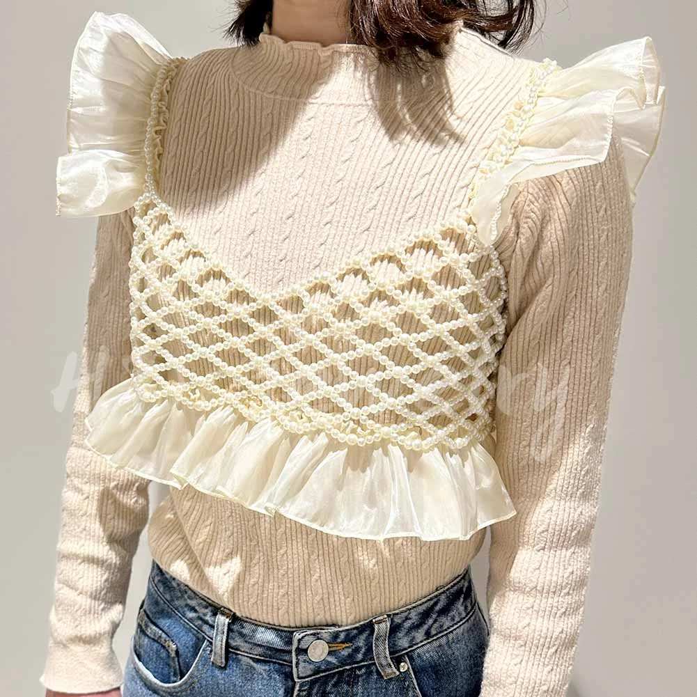 1개 신상 프렌치 레이스 인조 진주 작은 멜빵 일본 및 한국 스타일 여름 소녀 비즈 장식 외부 캐미솔 달콤하고 사랑스러운 스타일