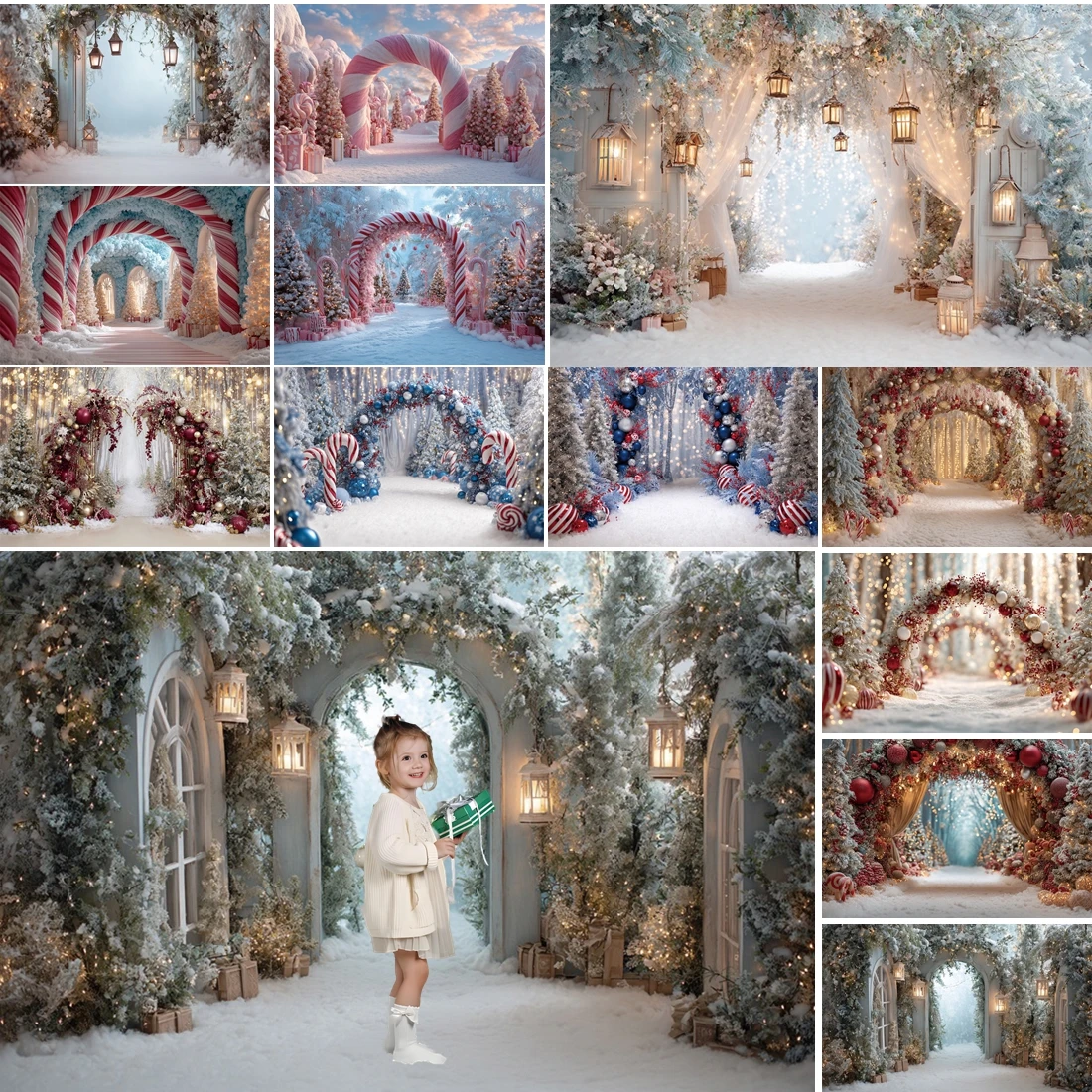 

MOON.QG Festive Snow Arch Background Candy Christmas Enchanted Paths Backdrops For Photography Accessories Poster Photozone